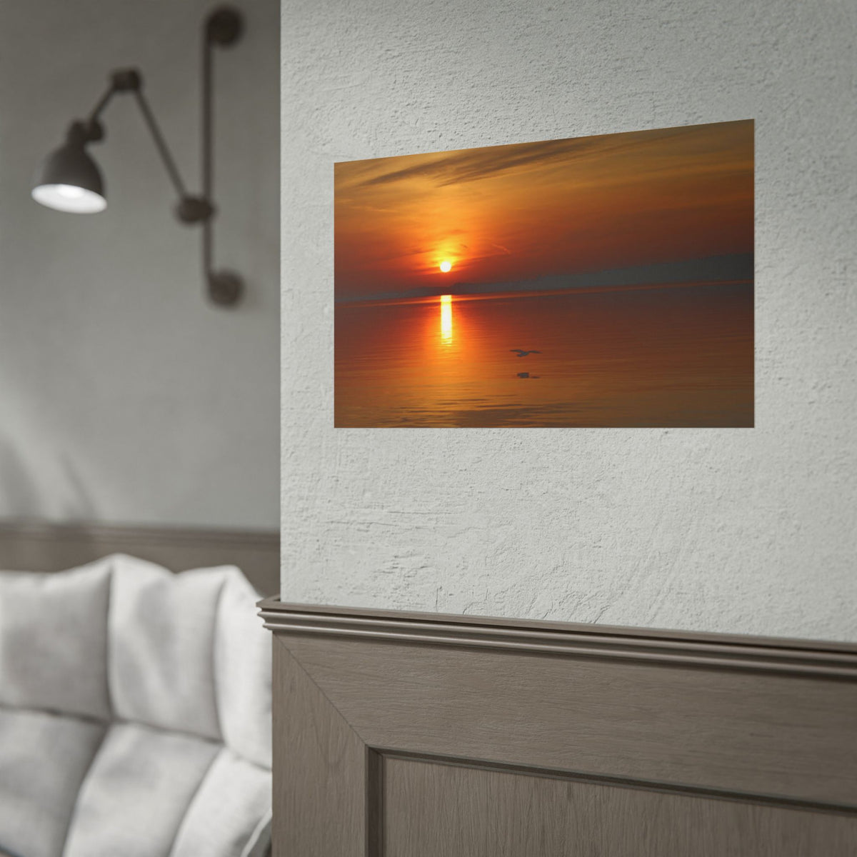 Sunset Over Calm Water with Bird - Photographic Wall Art Poster