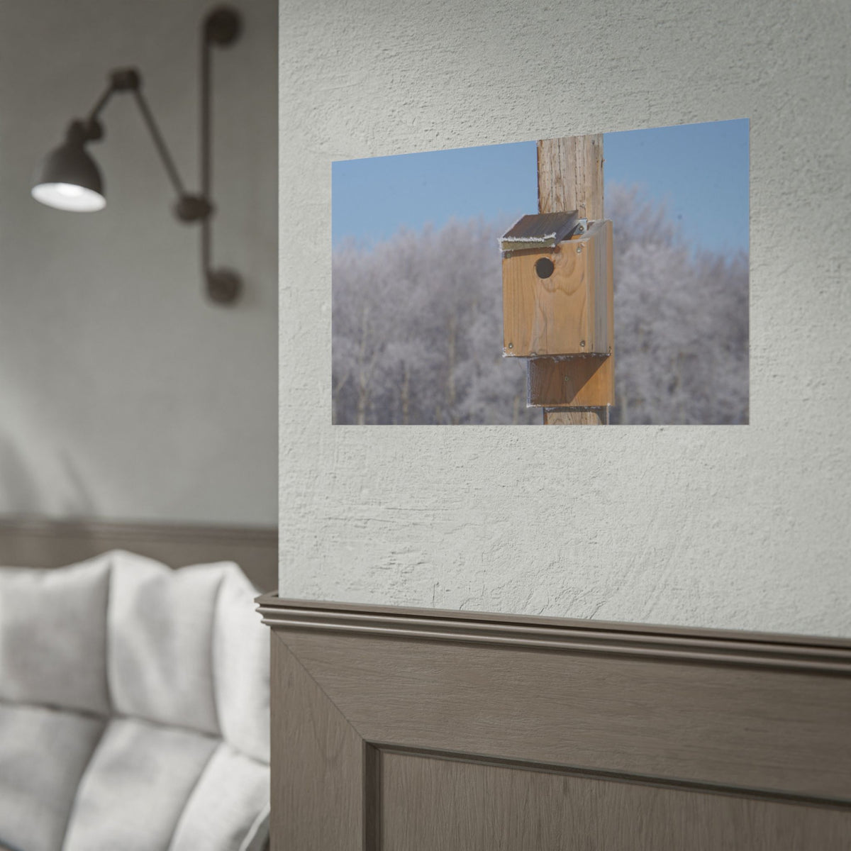 Winter Birdhouse Photography — Rustic Wooden Nest Box Wall Art Poster